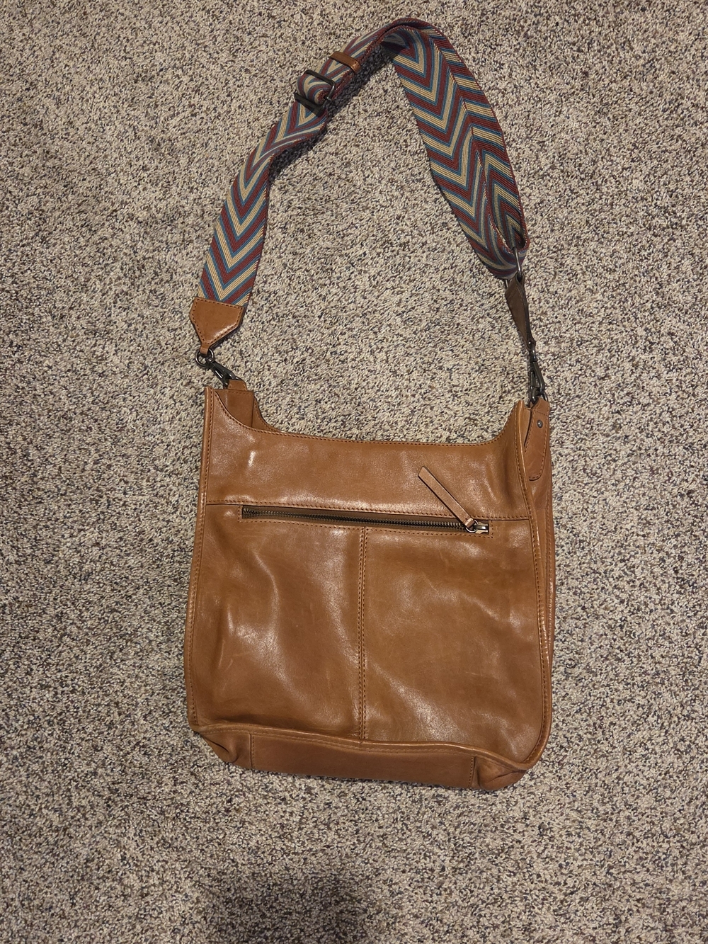 Leather Hobo Bag in Tan with Patterned Strap